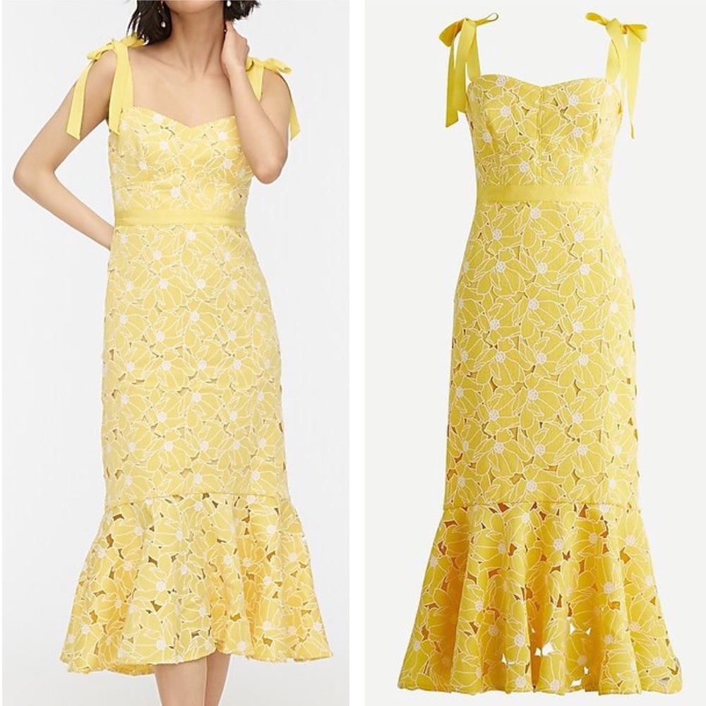 J. Crew Yellow Embroidered Eyelet Midi Dress with Flounce Ruffle Hem